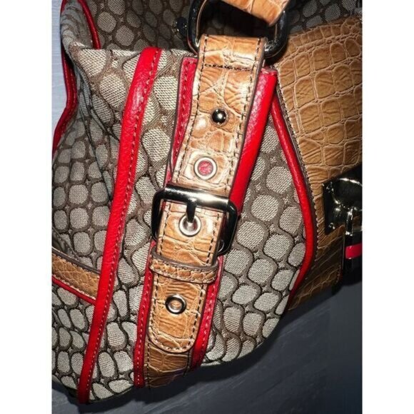 Brown & Red Circle Printed Shoulder Bag With Faux Croc Leather Straps & Padlock - Picture 5 of 12
